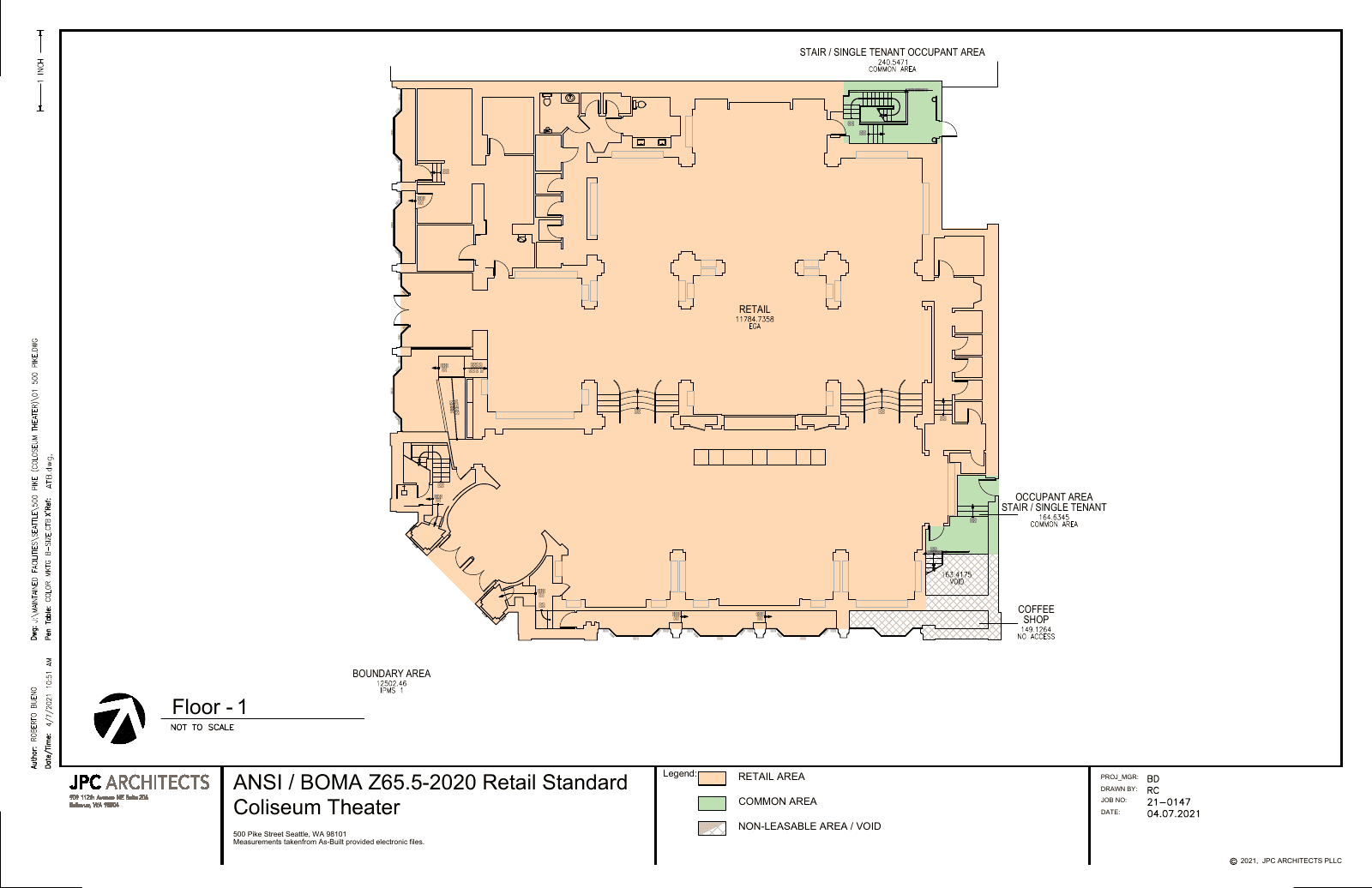 2021 Coliseum first-floor reference plan, with retail areas in peach and common areas in green; not to scale